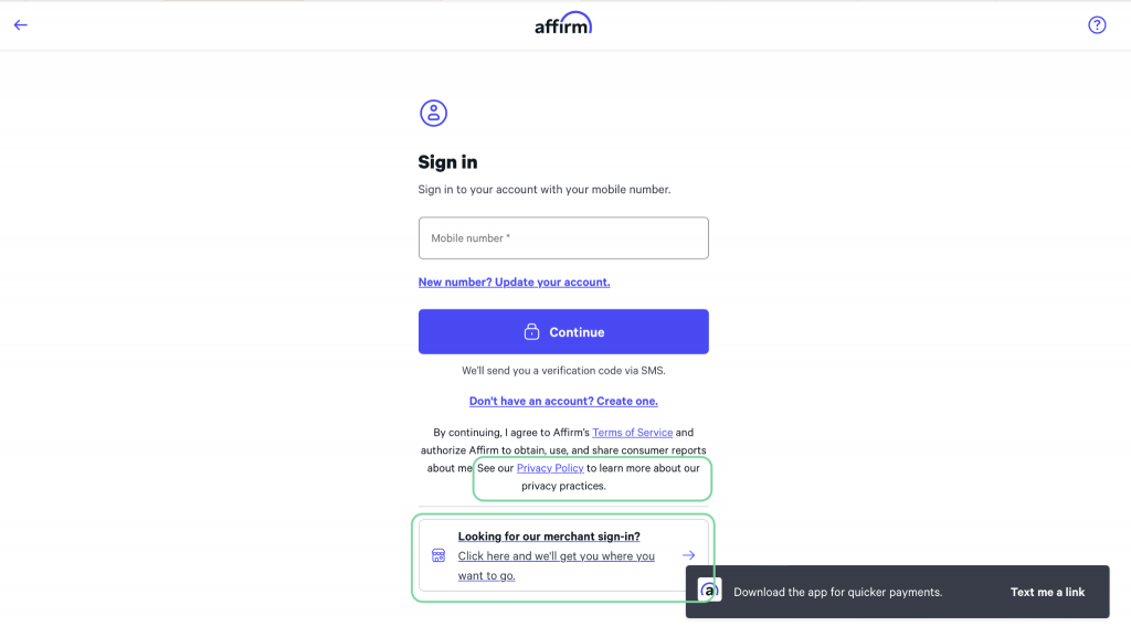 The real Affirm login page (Differences highlighted)