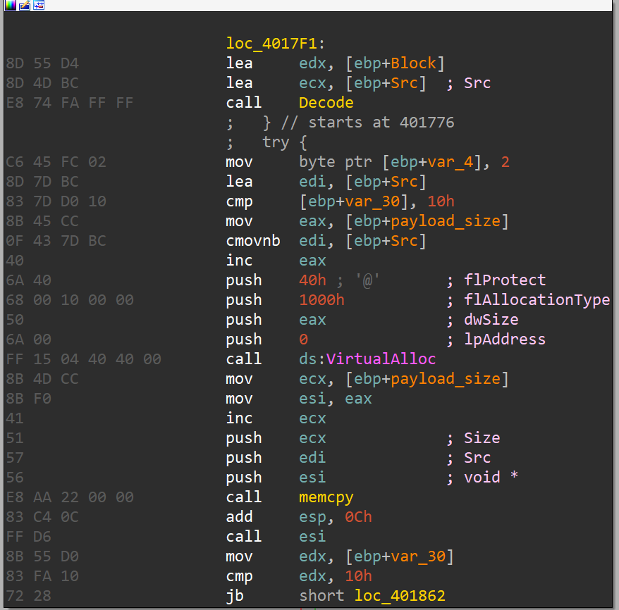 winpdasd.exe: decode, allocate memory, copy to mem, execute via function call