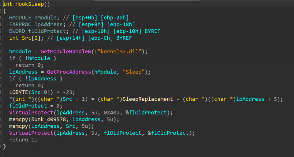 The "HookSleep" function found in both files, decompiled