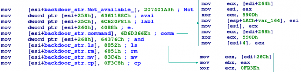 Two-byte XOR for four-byte stack strings of backdoor command identifiers