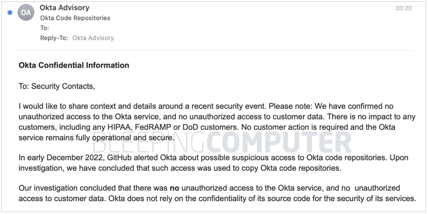 Okta security incident email sent December 2022