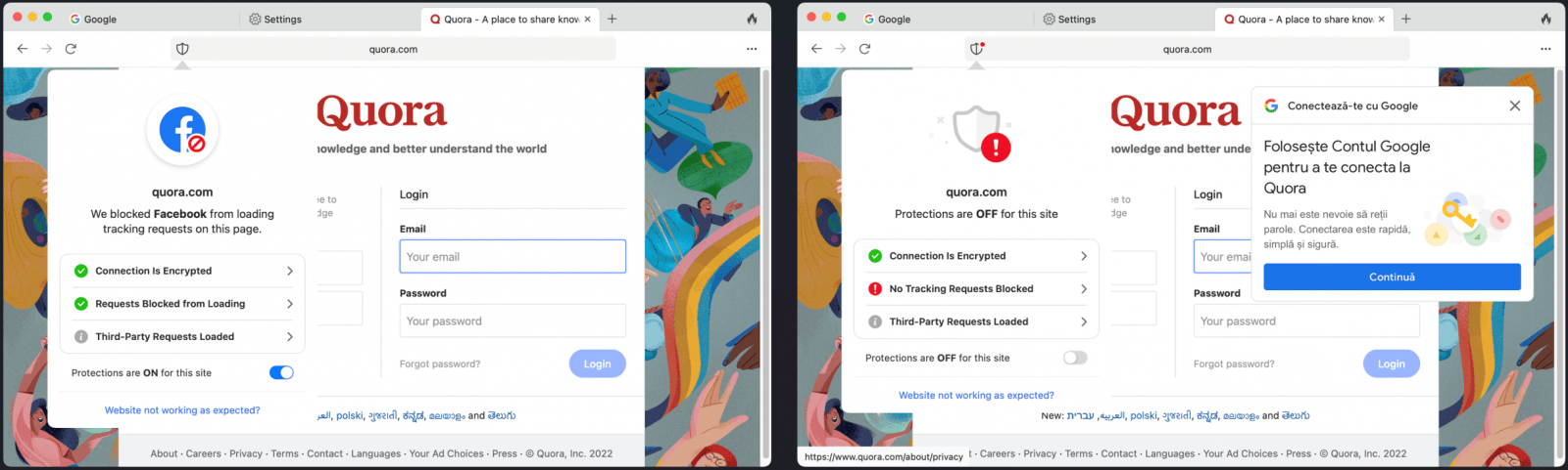 DuckDuckGo now blocks Google sign-in pop-ups on all sites 3 DuckDuckGo browser on macOS, protection set to on (left) and off (right)