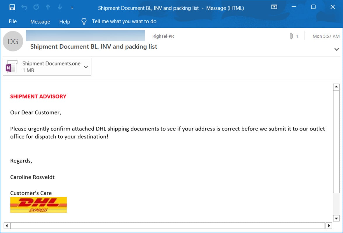 Fake DHL email with a OneNote attachment