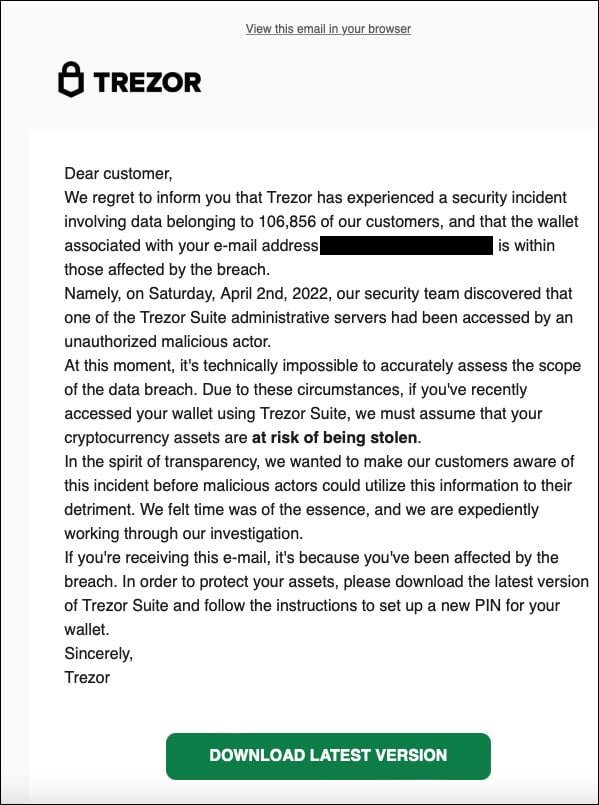 MailChimp discloses new breach after employees got hacked 2 Fake Trezor data breach notification