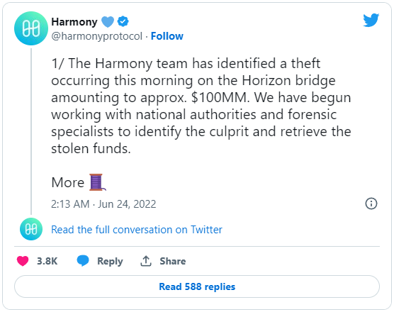 FBI: North Korean hackers stole $100 million in Harmony crypto hack 2 Tweet