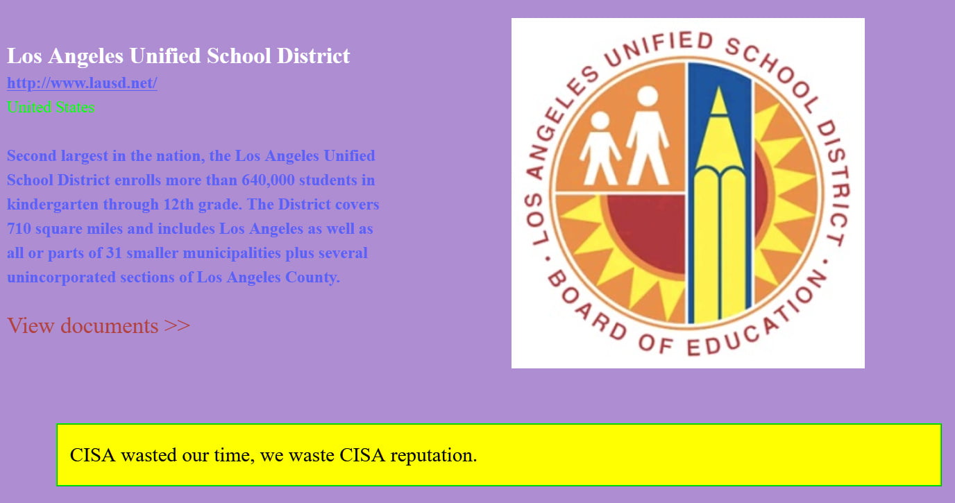 LAUSD says Vice Society ransomware gang stole contractors’ SSNs 2 LAUSD entry on Vice Society's data leak site