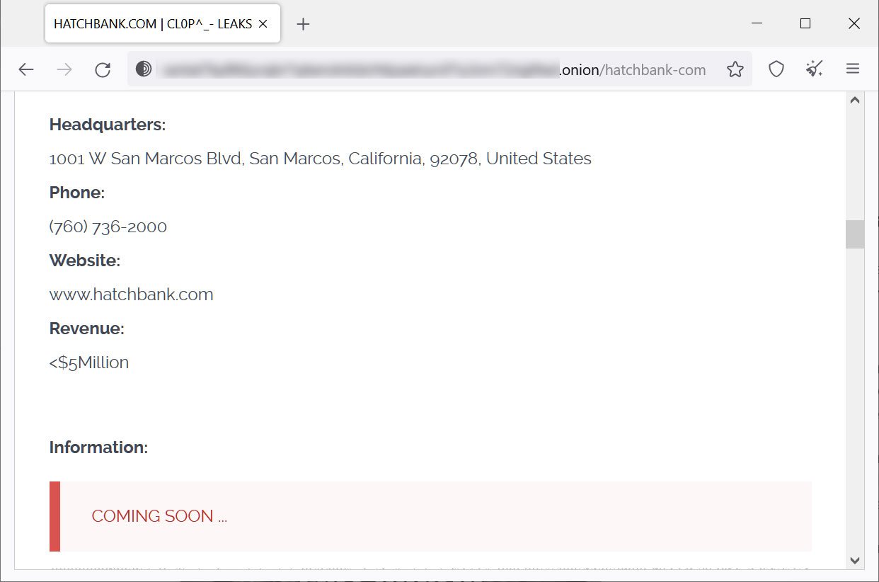 Hatch Bank listed on Clop's data leak site