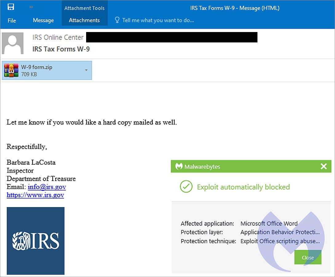 Emotet email impersonating the IRS