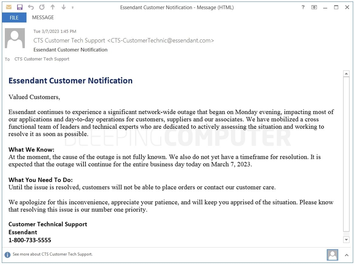 Staples-owned Essendant facing multi-day "outage," orders frozen 2 Essendant email notification