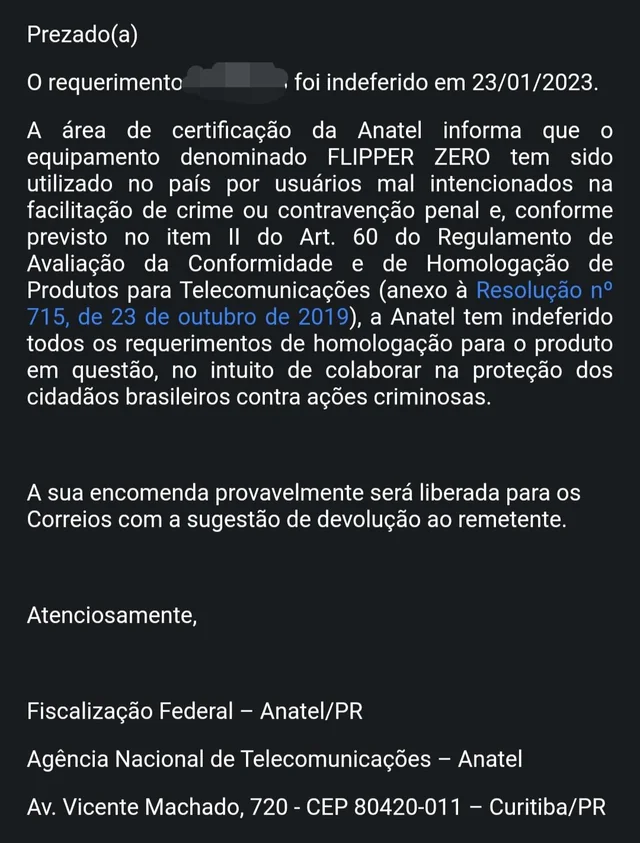 Anatel rejecting a certification request