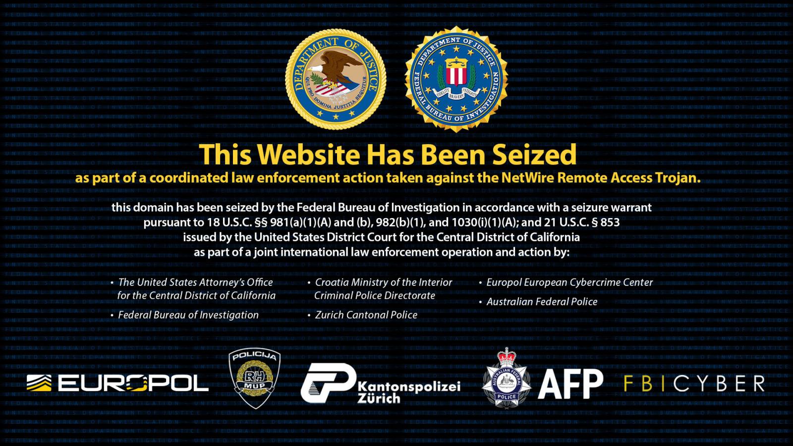 Police seize Netwire RAT malware infrastructure, arrest admin 3 Seizure message on the worldwiredlabs.com domain