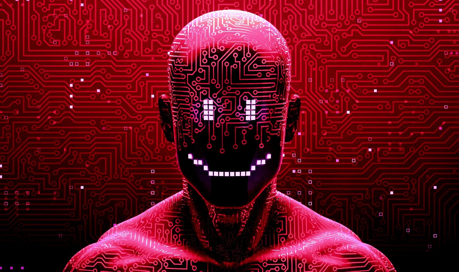 Hacker with an evil cyber grin