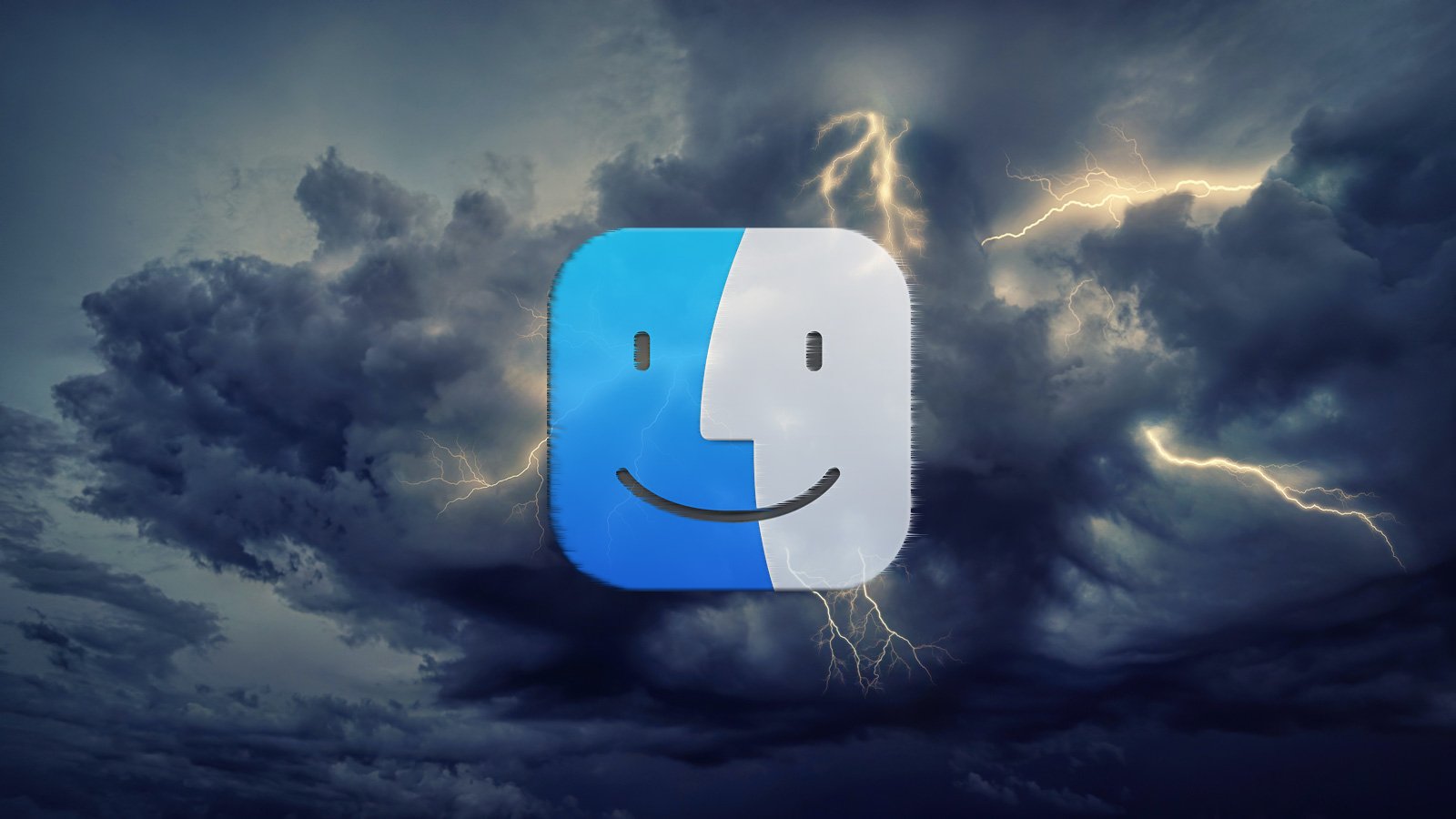 macOS logo with storms in the background