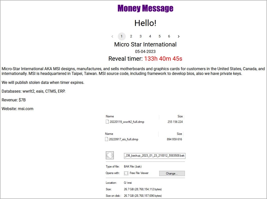 Money Message ransomware gang claims MSI breach, demands $4 million 2 MSI listed on 'Money Message' extortion site