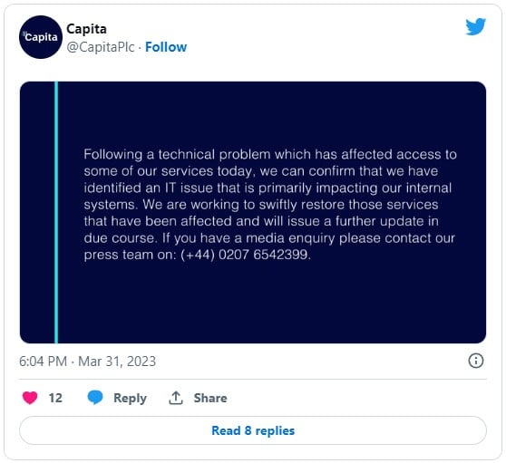 Capita cyberattack disrupted access to its Microsoft Office 365 apps 2 tweet