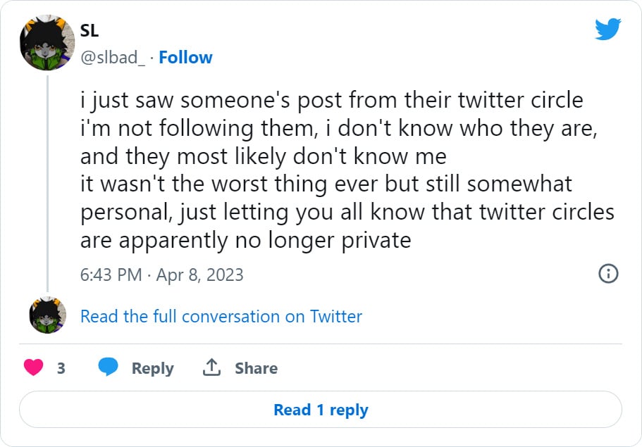 Twitter says 'security incident' exposed private Circle tweets 2 Slbad tweet
