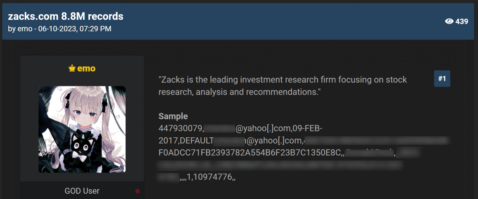 Zacks newest data leak notice on HIBP