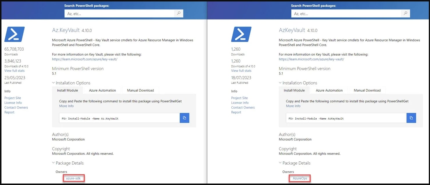 Microsoft PowerShell Gallery vulnerable to spoofing, supply chain attacks 2 Spoofed package (left) and real module (right)