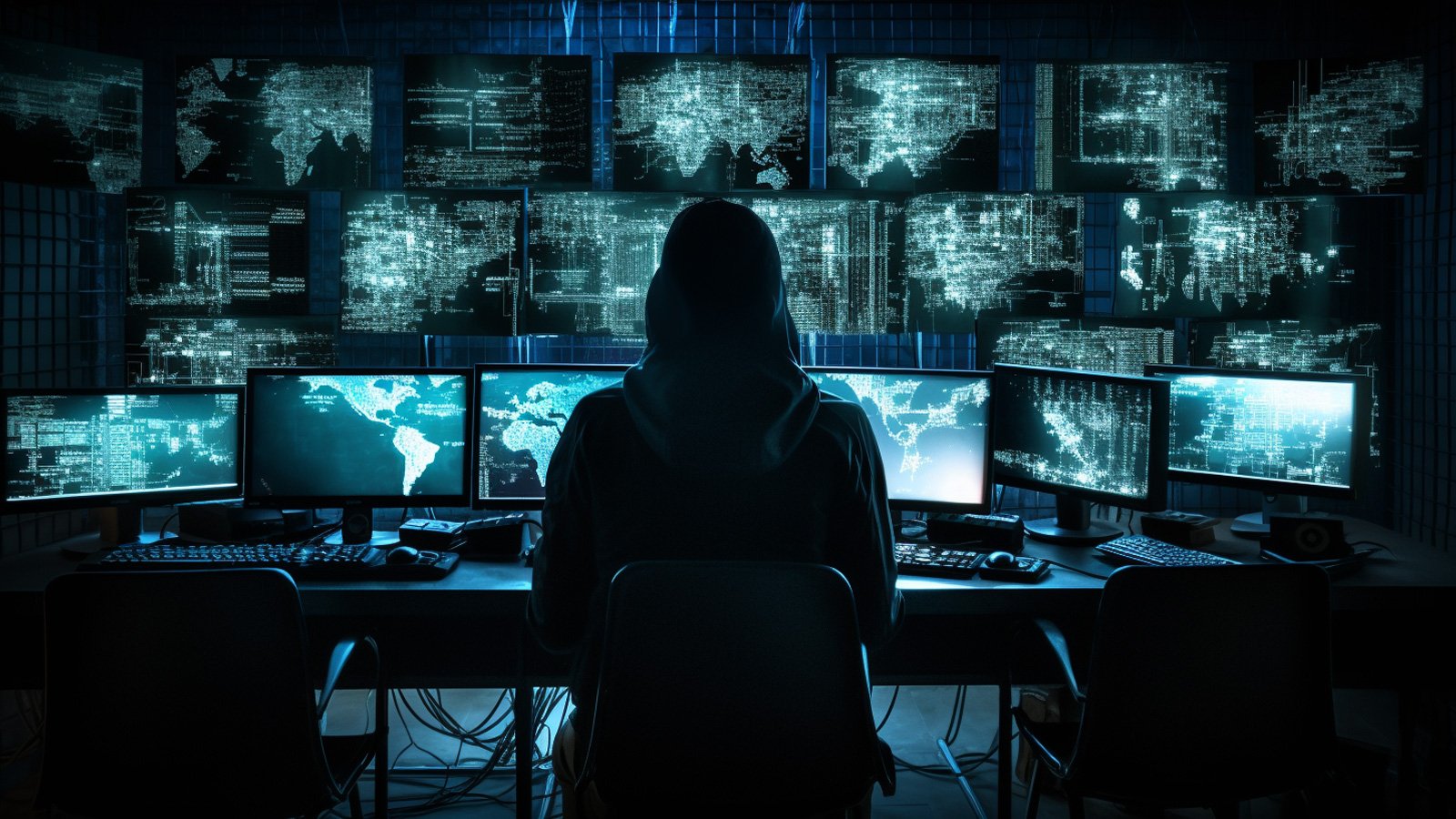 Hacker starting at computer screens
