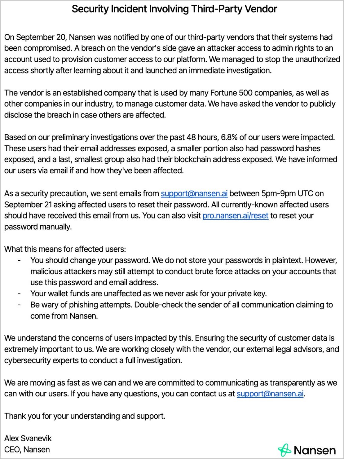Crypto firm Nansen asks users to reset passwords after vendor breach 2 Nansen's notice of breach