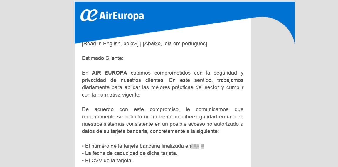 Air Europa breach notification email