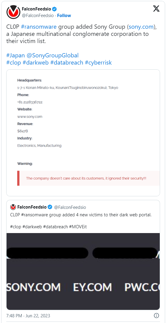Sony added to Clop ransomware's victim list in late June