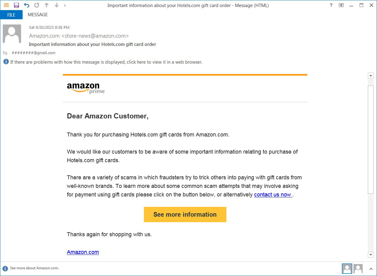 Mistaken gift card order confirmation emai lfrom Amazon