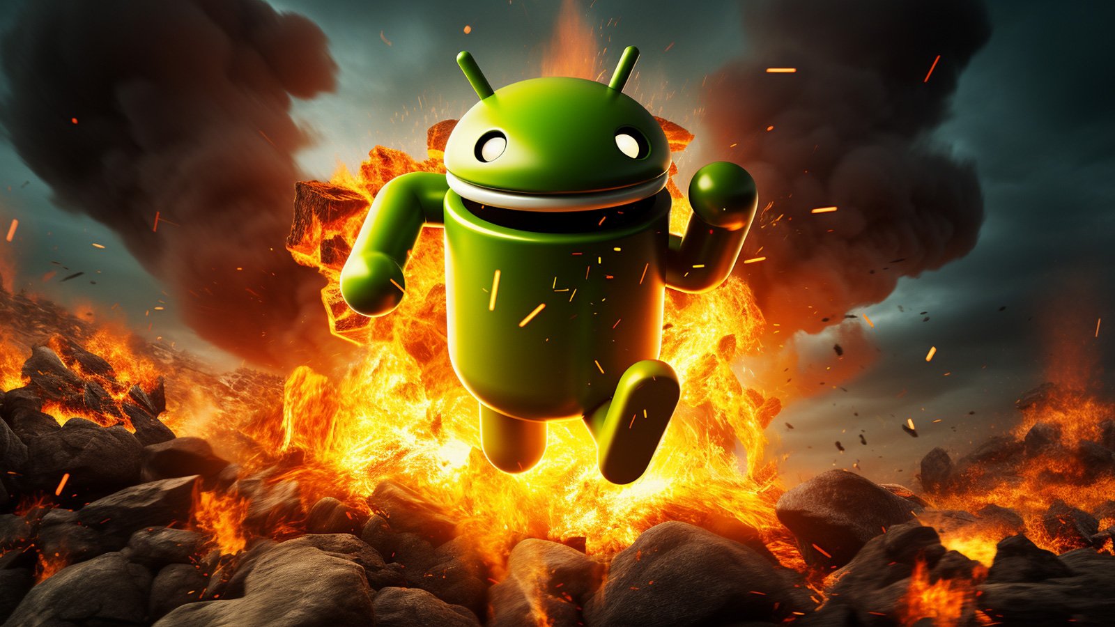 Android figure running from a volcano
