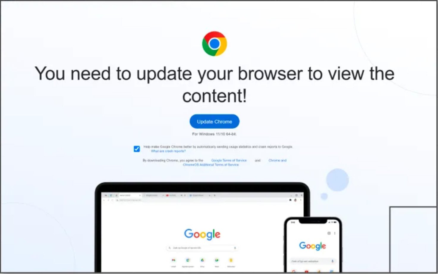 Fake Chrome update overlay shown on hacked site