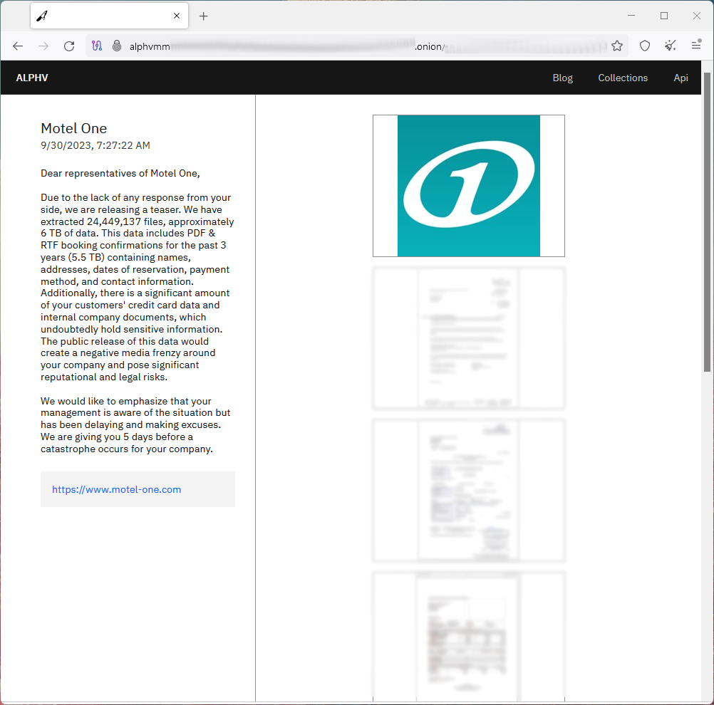 Motel One discloses data breach following ransomware attack 2 Motel One entry on BlackCat's extortion page
