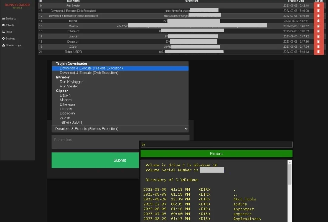 Main malware functions directly available through the panel