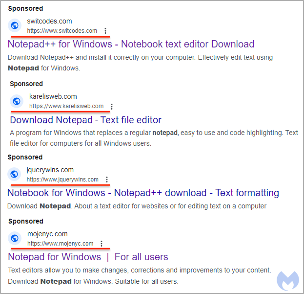 Malicious promoted search results for Notepad++