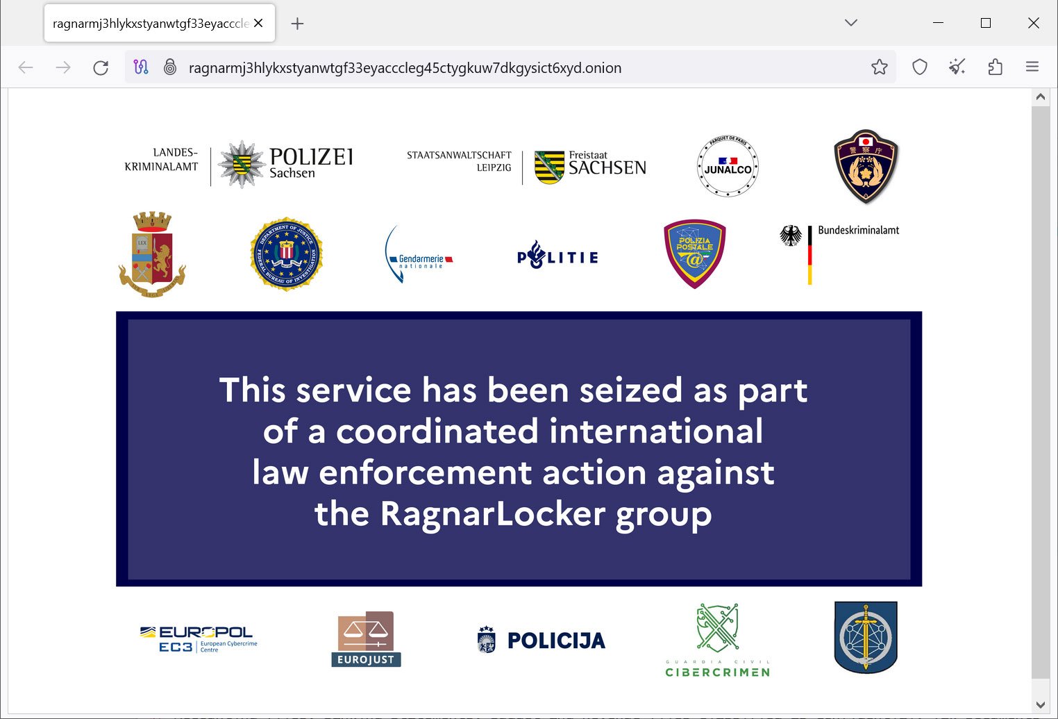RagnarLocker Tor negotiation site seized by law enforcement