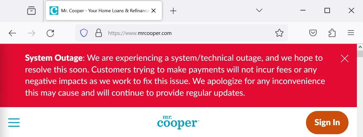 Mr. Cooper system outage banner