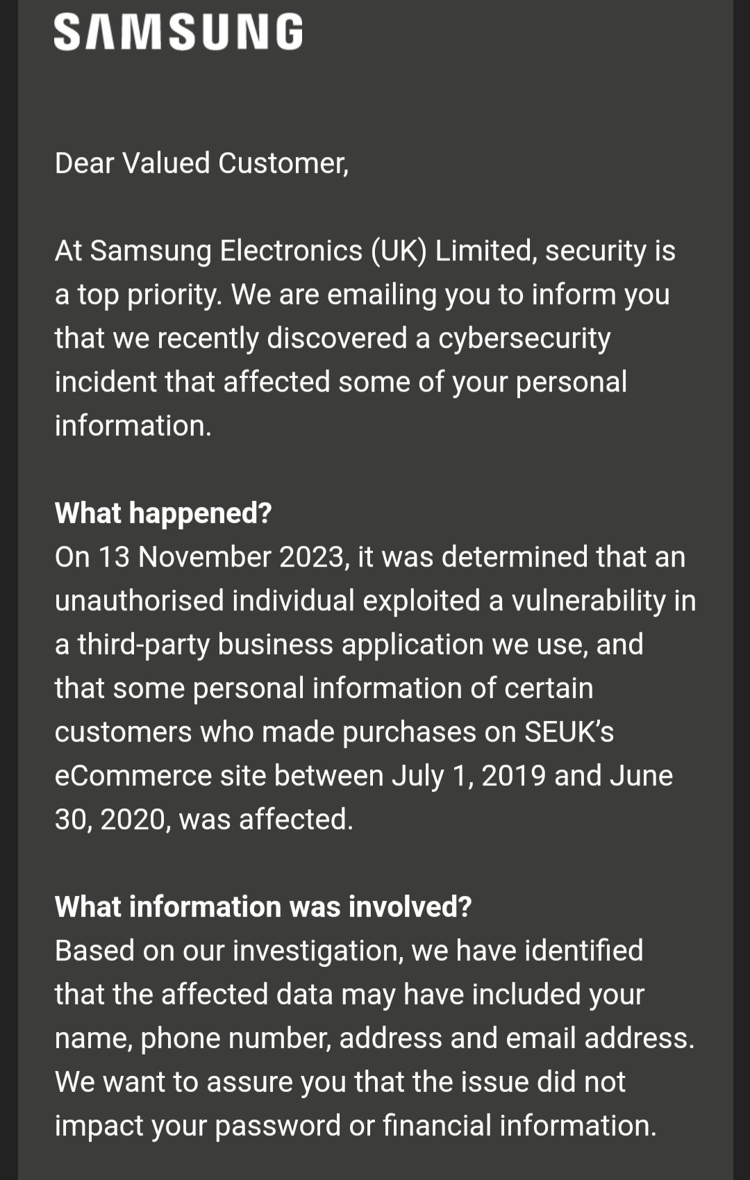 Samsung notifies customers of UK store of a data breach