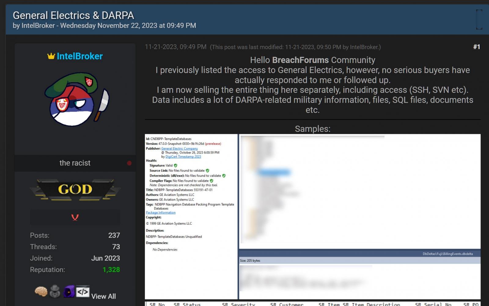 IntelBroker selling alleged GE data and acess on a hacking forum