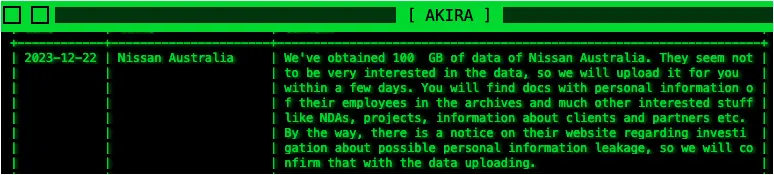 Akira Nissan data leak entry