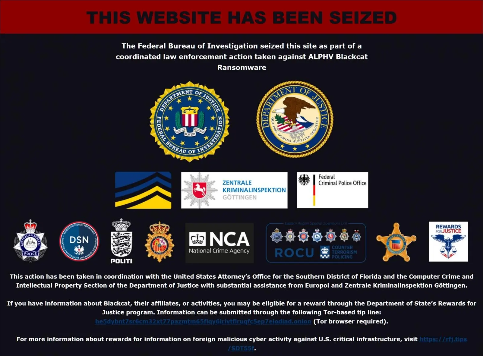 FBI seizure message on BlackCat's data leak site