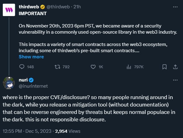 Multiple NFT collections at risk by flaw in open-source library 2 User complaining about Thirdweb's lack of transparency