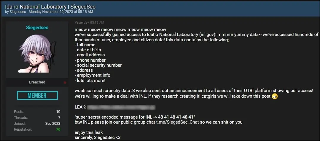 SiegedSec INL leak