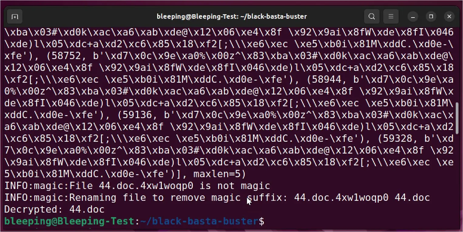 Black Basta Buster decrypting a file