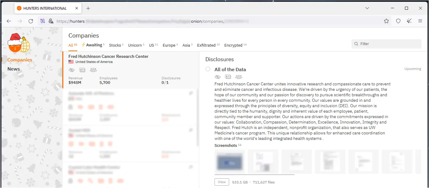 Ransomware Gang Behind Threats To Fred Hutch Cancer Patients 2 Fred Hutch listed on Hunter's extortion portal