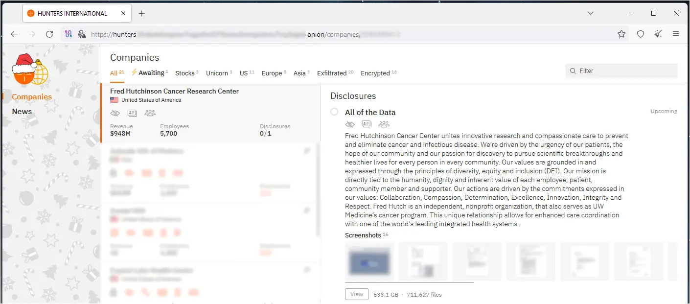 Fred Hutch listed on Hunter's extortion portal
