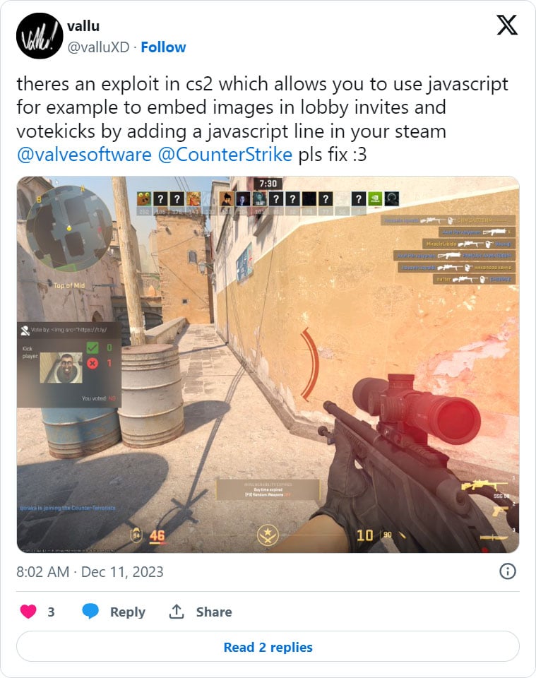 Counter-Strike 2 HTML injection bug exposes players’ IP addresses 2 Tweet of HTML injection