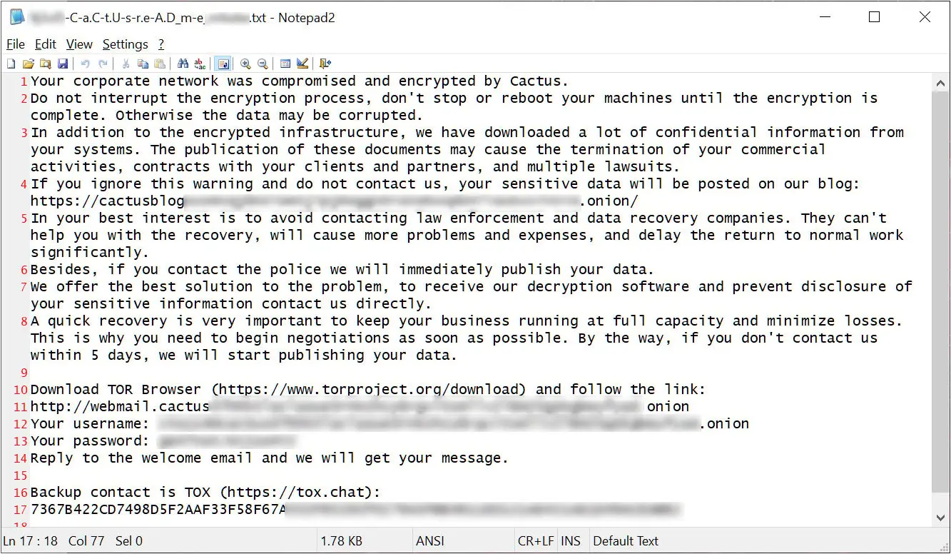 Example Cactus ransom note from different attack