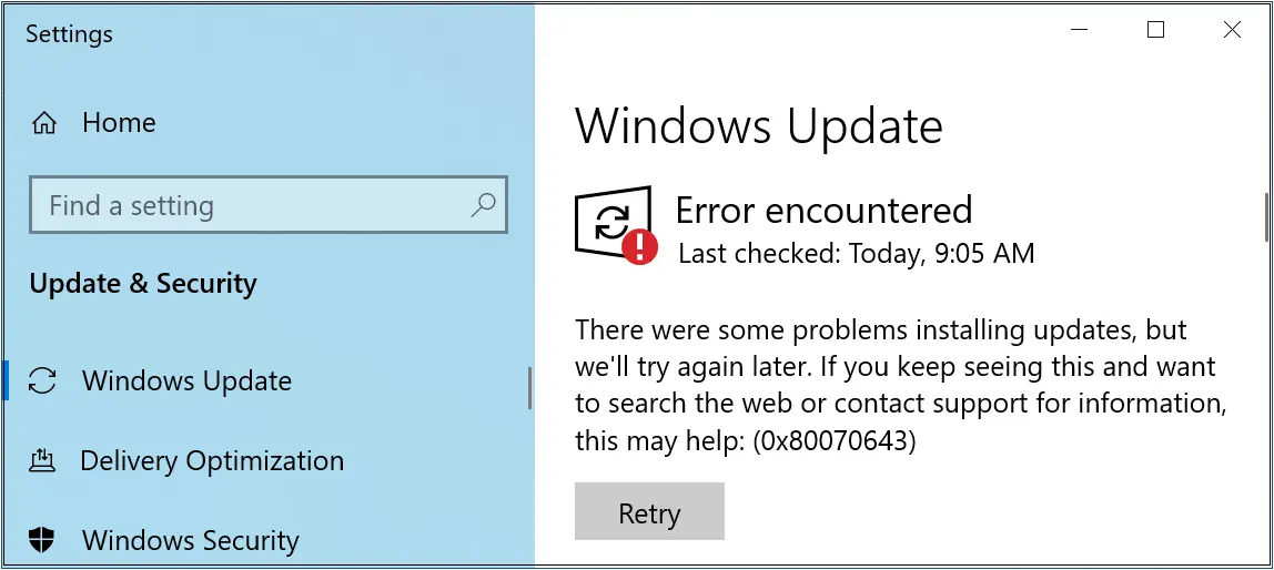 Windows Update 0x80070643 error