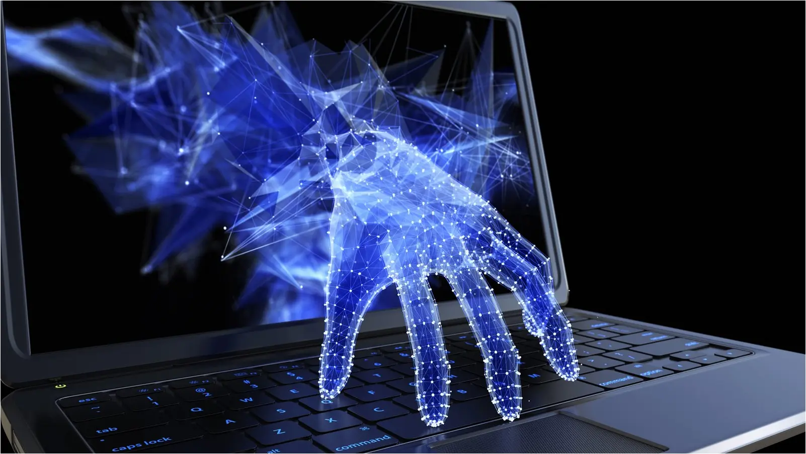 Hand reaching through a computer display