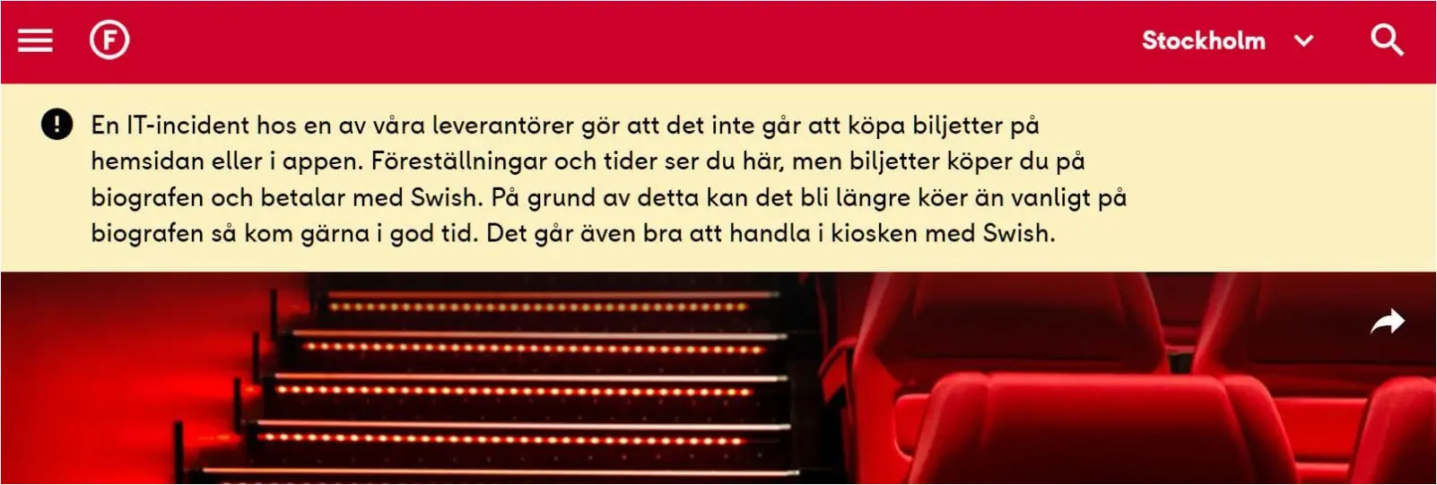 Message on Filmstaden's website warning of the IT outage