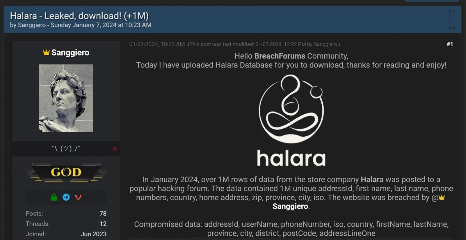 Forum post about alleged Halara data breach