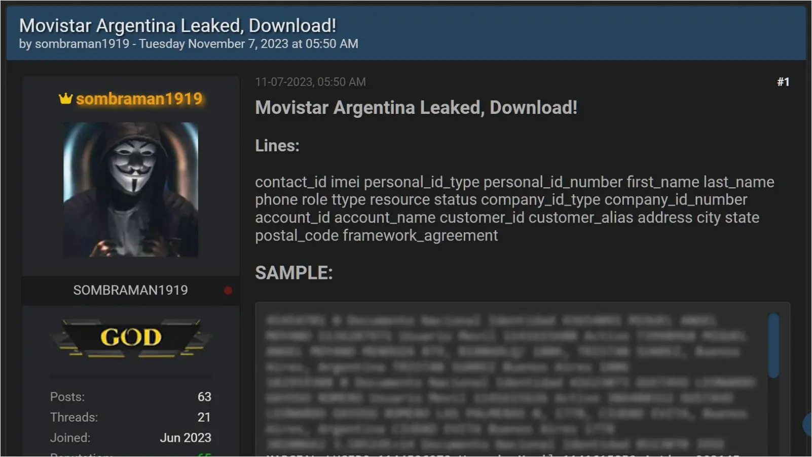 Stolen Movistar data for Argentinians leaked on a hacking forum